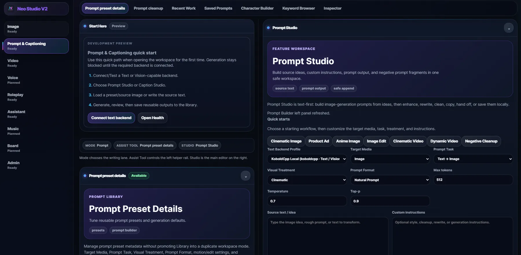 Neo Studio prompt workspace